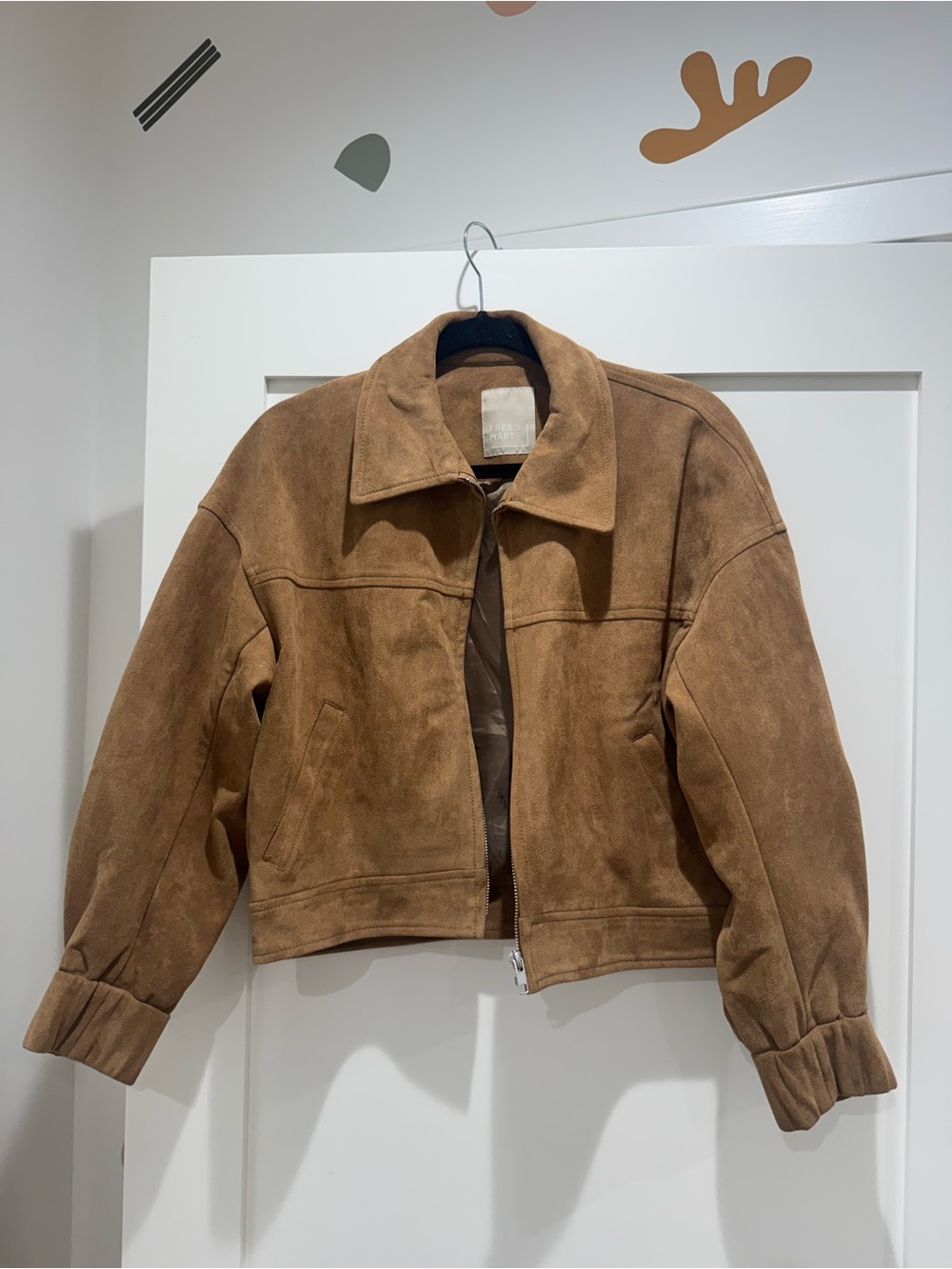 Faux Suede Cropped Zip Jacket in Camel Brown - Size Small